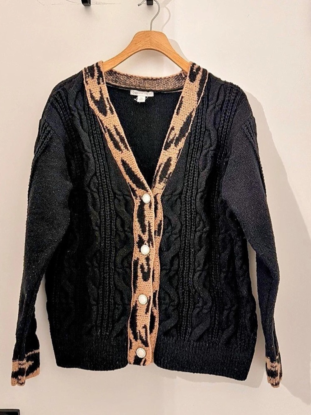Cato Animal Print Trim Cardigan in Black & Brown Size Medium